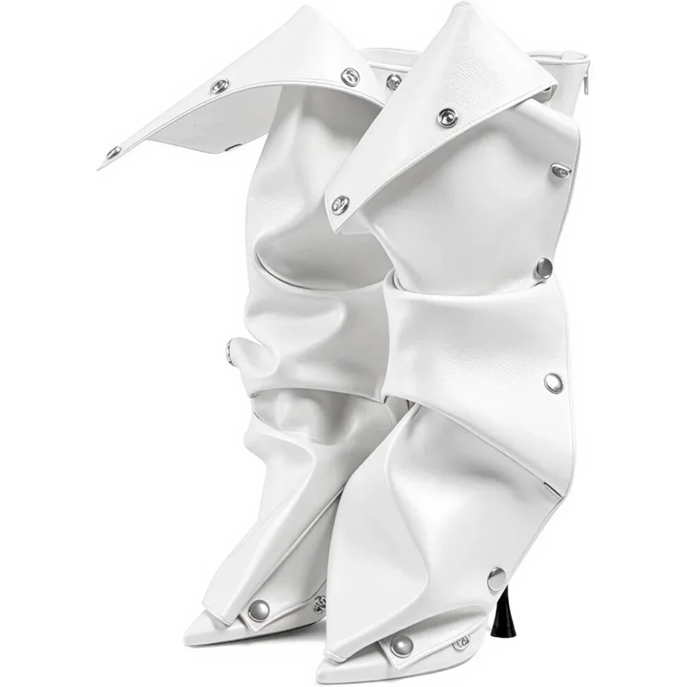 Women White Suede Detachable Snap-off Panel Fold Over Fall Shark Knee High Boot